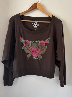 Chaser Bon Jovi Cropped Long Sleeve Off Black Graphic Band Tee